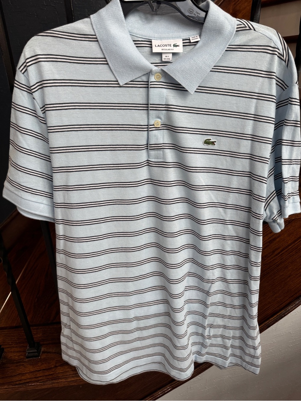 XXL Lacoste Light Blue Polo with Navy & White Stripes REGULAR FIT - Picture 4 of 9